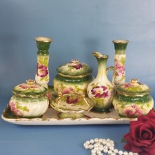 ANTIQUE STAFFORDSHIRE PORCELAIN CHINA DRESSING TABLE SET 8 PIECES CABBAGE ROSES