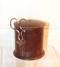 Antique Morocco leather string box with scissors. 9 cm H x 8 cm. dia.