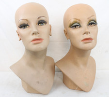 2 Vintage Fiberglass Mannequin Head Wig Painted Eyes Halloween Bust Eyelashes