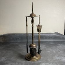 Vintage Brass 3 Piece Fireside Companion Set Poker, Brush & Coal Tongs Pre Owned