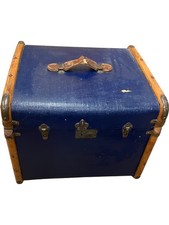 Retro Large Blue Wooden Travel Trunk with Leather Handles - Vintage 