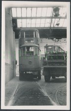 Leeds tram 2099 Photograph 2/10/49 having arrived on a trailer in depot RK4930