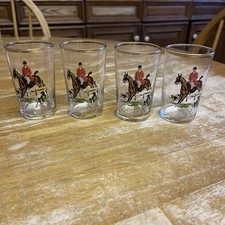 4 Vintage Hunting Scene Shot Glasses Set Gilt Edged Horse Fox Foxhounds Hunting 