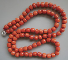 VERY NICE, VINTAGE, CARVED REAL CORAL BARREL SHAPED BEAD NECKLACE 15.6g