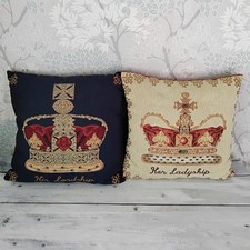 Past Times Crown Tapestry Style Sofa Cushion's His Lordship & Her Ladyship 