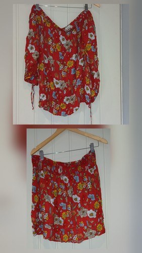 Red floral off - off, shoulder