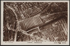 LONDON postcard Shoreditch aerial view with railway station