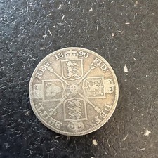 Antique Victorian 1890 Double Florin Solid Silver Coin.