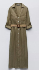 Zara Women Khaki Green Linen Midi Maxi Long Sleeve Shirt Dress  XS 6 8 10 New