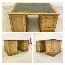 Antique Pine Leather Top Desk - Double Sided 2 Person Vintage Pedestal Drawers