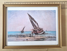 Framed vintage print: Beached fishing boats at low tide, Villerville, Edmond Yo