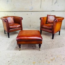 Pair of English Made Leather Tub Chairs with Footstool – Hand-Dyed Cognac #A600