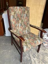 Vintage Brown Wooden Frame High Back Armchair with Tapestry Fabric Seat & Back