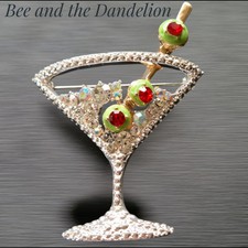 Martini Cocktail Rhinestone Crystal Brooch ~  Large Vintage Art Deco Style Pin