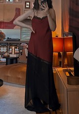 ZARA 2025 BURGUNDY COMBINED LACE INSERT SLIP ON ASYMMETRIC SPLIT HEM SATIN DRESS