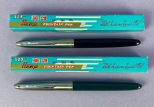 2 x Hero 329 Vintage Boxed Unused Fountain Pens 1 x Black + 1 x Peacock Blue
