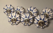 7 x Pumpkin Style Ceramic Door Knobs. Used. Cobalt Blue And White. 5 cm Across