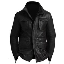 Genuine Lambskin Leather Jacket Mens M65 Black Field Military Leather Coat