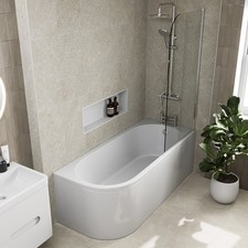 J Shaped Shower Bath Right Hand Bathtub 1700mm with Front Panel & Screen Acrylic