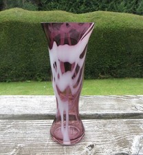 Large Amethyst Coloured Art Glass Vase with Abstract White Marbling 11" 33cm