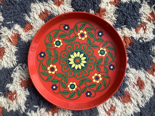 Vintage red metal tray - ., floral