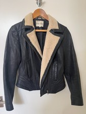 REISS BLACK LEATHER JACKET SHEEP SKIN COLLAR  - WOMANS SIZE SMALL