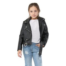 Kids Girls Jackets Designer's PU Leather Black Jacket Zip Up Biker Belted Coats