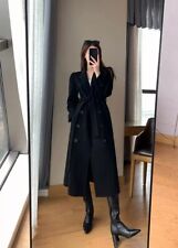 Women's Double Breasted Belted Wool Blend Long Duster Trench Coat Worm Overcoat