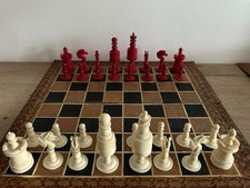 Vintage 19th century British bone chess set, red & white, 8.5 cm King with box