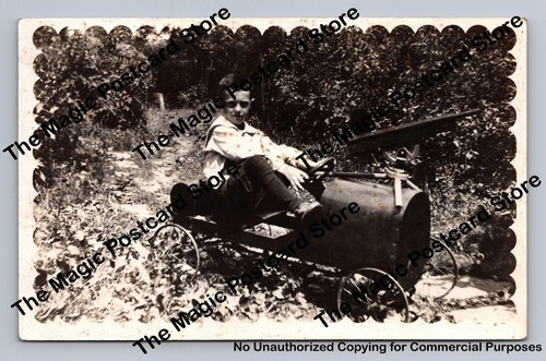 Boy homemade pedal car rppc - boy, in