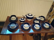 24 Piece Vintage Rosenthal Classic Rose Cobalt Blue Stripe White Rim Tea Set. 