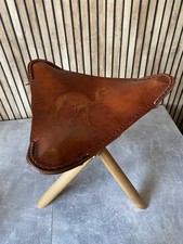 Vintage Tooled Brown Leather Folding wood Tripod Cowboy Stool handcrafted 