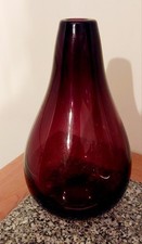 VTG Krosno Poland Art Glass Bottle Blackcurrant  Hand Blown Teardrop Vase 9"Tall