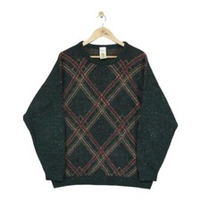 Vintage Grandad Jumper Mens Size 44 Green Patterned Wool Blend