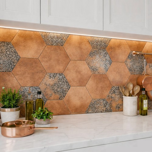 Copper brown hexagon porcelain - copper,