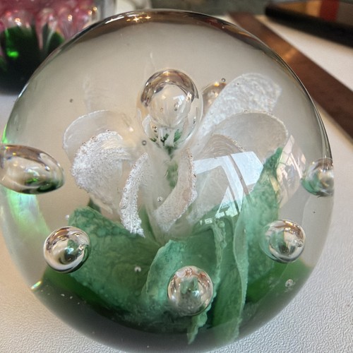 Glass flower paperweight - glass, white