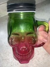 Skull Shaped Mason Glass Jar Novelty Drinking Glass With Lid Green & Pink 400ML