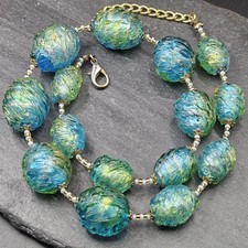 Beautiful Venetian Murano Laguna Glass Beads Necklace.  Blue Green Sea Colours