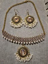 Stunning Ethnic Crystal Faux Pearls Turkish Arabic Indian Choker & Earrings Set