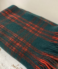 Vintage 100% Wool Blanket Throw Green Red 1970s Retro Farmhouse Fringed