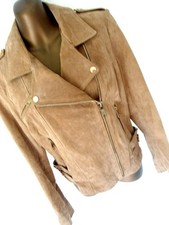 MNG Camel suede biker jacket L - 12 zip pockets shoulder & side epaulettes (9115