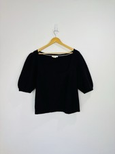 Boden Jumper Women Size XL Black Fluffy Wool Knit Short Puff Sleeve Square Neck