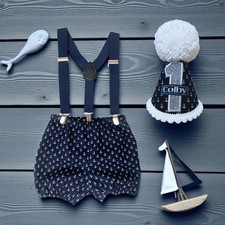 Sailor Baby Outfit Handmade Birthday Set Anchor Bloomers Bow Tie Hat