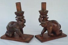 2 Vintage Hand Carved Wooden Elephant Table Lamp Bases, Candlesticks Treen