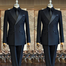 Black Men's Suit Peak Lapel Double Breasted Formal Business Wedding Groom Tuxedo