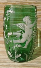 Antique Emerald Green Glass Mary Gregory Cherub Cameo Style Tumbler 8.8cm H
