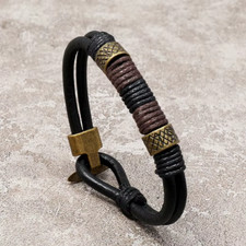 Surfer Real Leather Bracelet Mens Surf Wristband Braided Rope Bronze Buckle