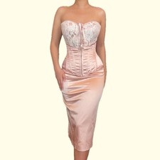 Vintage Pink Satin Corset And Skirt Set Party Cocktail Wedding Prom