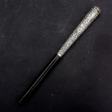 Antique C19th Anglo-Indian SOLID SILVER Engraved Parasol Handle Tiger Hunting 6"