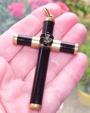 Fine Beautiful Large Antique Victorian Jet Flower Gold Cross Crucifix Pendant